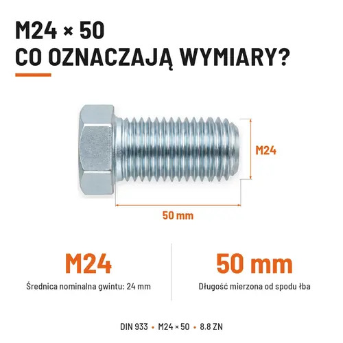 ŚRUBA SZEŚCIOKĄTNA DIN 933 M24X50 KLASA 8.8 OCYNK GALWANICZNY