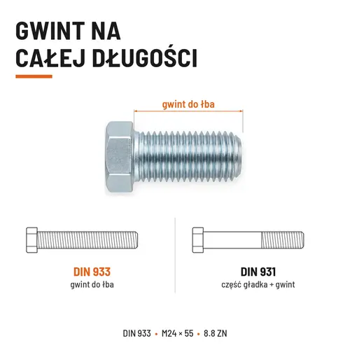 ŚRUBA SZEŚCIOKĄTNA DIN 933 M24X55 KLASA 8.8 OCYNK GALWANICZNY