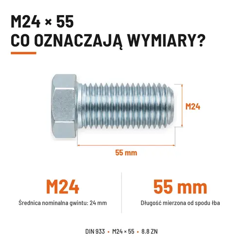 ŚRUBA SZEŚCIOKĄTNA DIN 933 M24X55 KLASA 8.8 OCYNK GALWANICZNY