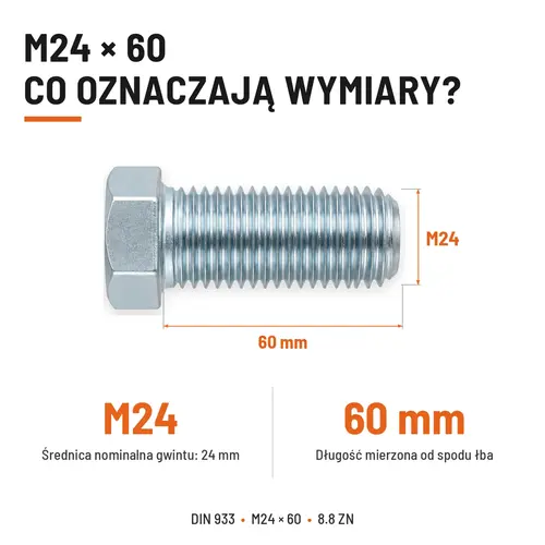 ŚRUBA SZEŚCIOKĄTNA DIN 933 M24X60 KLASA 8.8 OCYNK GALWANICZNY