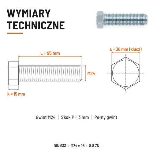 ŚRUBA SZEŚCIOKĄTNA DIN 933 M24X95 KLASA 8.8 OCYNK GALWANICZNY