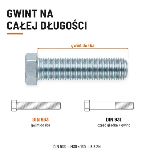 ŚRUBA SZEŚCIOKĄTNA DIN 933 M30X130 KLASA 8.8 OCYNK GALWANICZNY