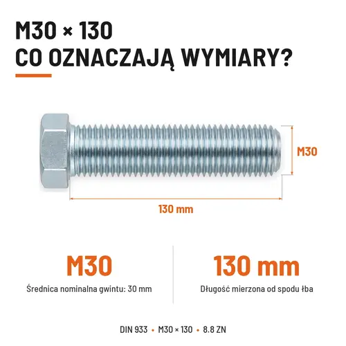 ŚRUBA SZEŚCIOKĄTNA DIN 933 M30X130 KLASA 8.8 OCYNK GALWANICZNY