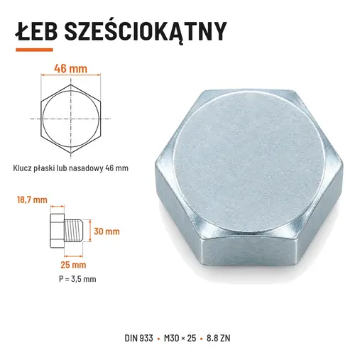 ŚRUBA SZEŚCIOKĄTNA DIN 933 M30X25 KLASA 8.8 OCYNK GALWANICZNY