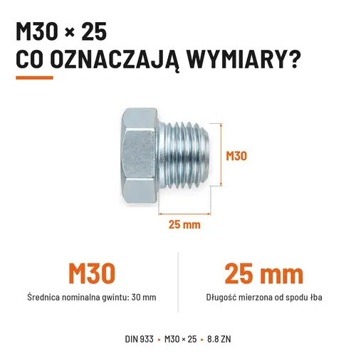 ŚRUBA SZEŚCIOKĄTNA DIN 933 M30X25 KLASA 8.8 OCYNK GALWANICZNY