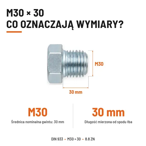 ŚRUBA SZEŚCIOKĄTNA DIN 933 M30X30 KLASA 8.8 OCYNK GALWANICZNY