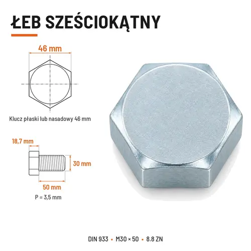 ŚRUBA SZEŚCIOKĄTNA DIN 933 M30X50 KLASA 8.8 OCYNK GALWANICZNY