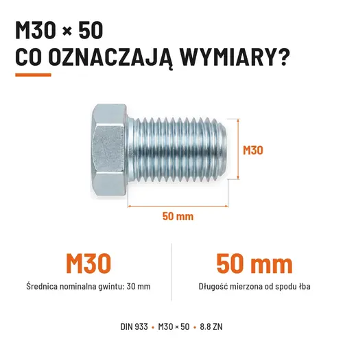 ŚRUBA SZEŚCIOKĄTNA DIN 933 M30X50 KLASA 8.8 OCYNK GALWANICZNY