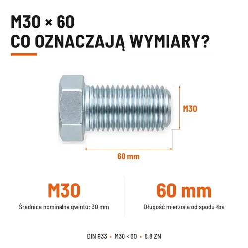 ŚRUBA SZEŚCIOKĄTNA DIN 933 M30X60 KLASA 8.8 OCYNK GALWANICZNY