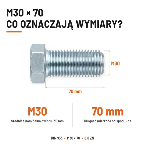 ŚRUBA SZEŚCIOKĄTNA DIN 933 M30X70 KLASA 8.8 OCYNK GALWANICZNY