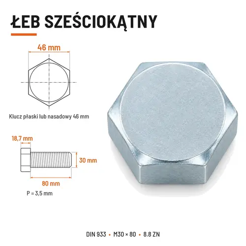 ŚRUBA SZEŚCIOKĄTNA DIN 933 M30X80 KLASA 8.8 OCYNK GALWANICZNY