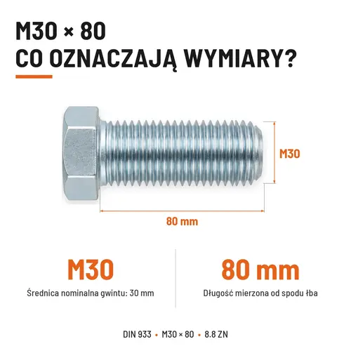 ŚRUBA SZEŚCIOKĄTNA DIN 933 M30X80 KLASA 8.8 OCYNK GALWANICZNY