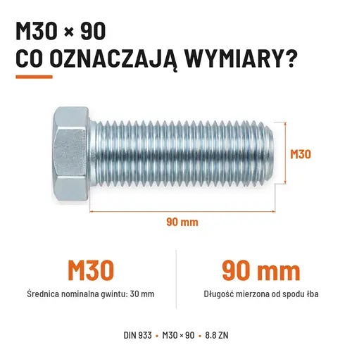 ŚRUBA SZEŚCIOKĄTNA DIN 933 M30X90 KLASA 8.8 OCYNK GALWANICZNY