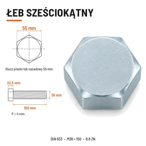 ŚRUBA SZEŚCIOKĄTNA DIN 933 M36X150 KLASA 8.8 OCYNK GALWANICZNY