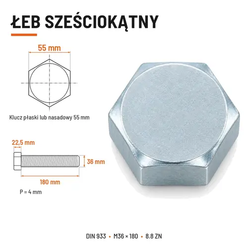 ŚRUBA SZEŚCIOKĄTNA DIN 933 M36X180 KLASA 8.8 OCYNK GALWANICZNY