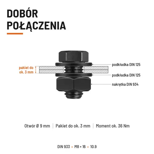 ŚRUBA SZEŚCIOKĄTNA DIN 933 M8X16 KLASA 10.9 BEZ POKRYCIA