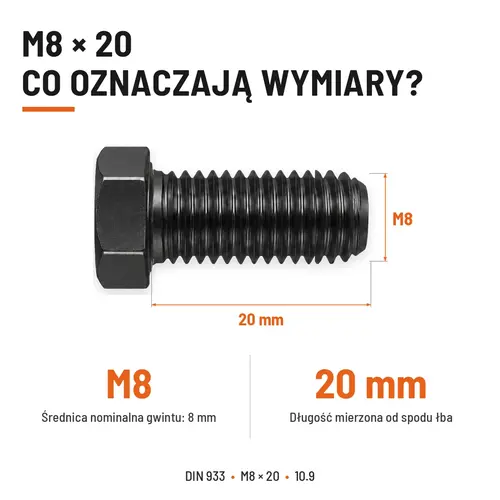 ŚRUBA SZEŚCIOKĄTNA DIN 933 M8X20 KLASA 10.9 BEZ POKRYCIA