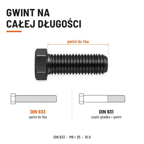 ŚRUBA SZEŚCIOKĄTNA DIN 933 M8X25 KLASA 10.9 BEZ POKRYCIA