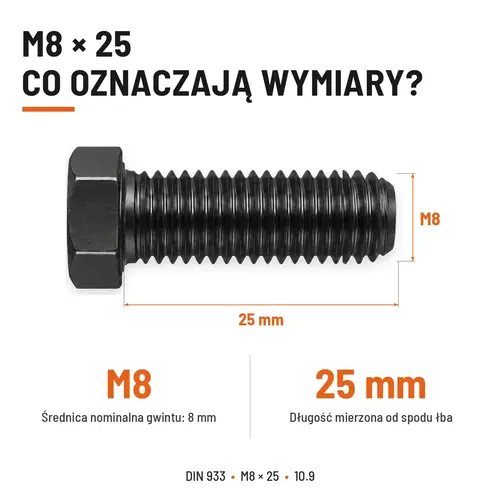 ŚRUBA SZEŚCIOKĄTNA DIN 933 M8X25 KLASA 10.9 BEZ POKRYCIA