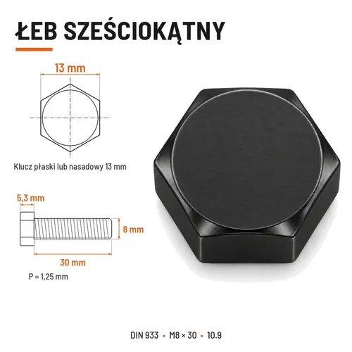 ŚRUBA SZEŚCIOKĄTNA DIN 933 M8X30 KLASA 10.9 BEZ POKRYCIA