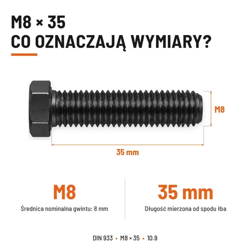 ŚRUBA SZEŚCIOKĄTNA DIN 933 M8X35 KLASA 10.9 BEZ POKRYCIA