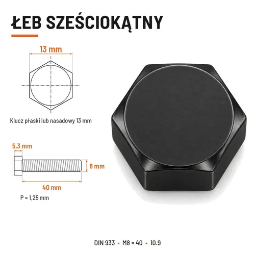 ŚRUBA SZEŚCIOKĄTNA DIN 933 M8X40 KLASA 10.9 BEZ POKRYCIA