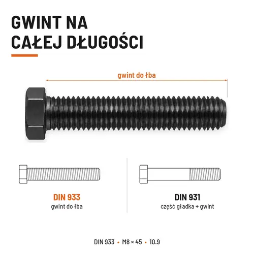 ŚRUBA SZEŚCIOKĄTNA DIN 933 M8X45 KLASA 10.9 BEZ POKRYCIA