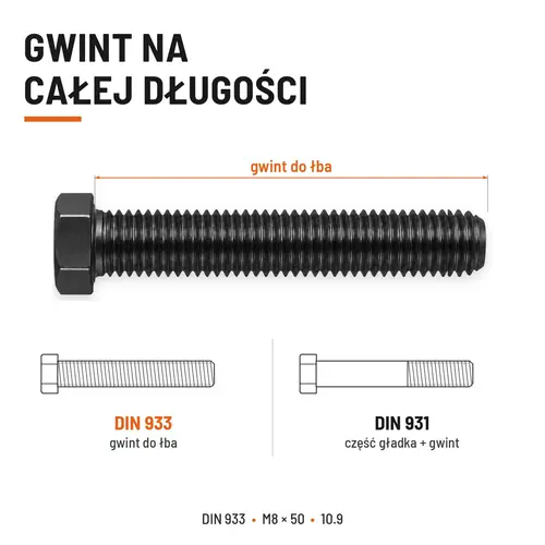 ŚRUBA SZEŚCIOKĄTNA DIN 933 M8X50 KLASA 10.9 BEZ POKRYCIA