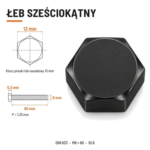 ŚRUBA SZEŚCIOKĄTNA DIN 933 M8X60 KLASA 10.9 BEZ POKRYCIA