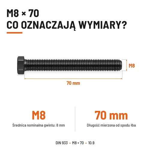 ŚRUBA SZEŚCIOKĄTNA DIN 933 M8X70 KLASA 10.9 BEZ POKRYCIA