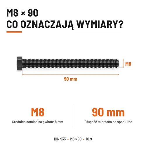 ŚRUBA SZEŚCIOKĄTNA DIN 933 M8X90 KLASA 10.9 BEZ POKRYCIA