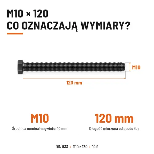 ŚRUBA SZEŚCIOKĄTNA DIN 933 M10X120 KLASA 10.9 BEZ POKRYCIA