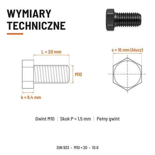 ŚRUBA SZEŚCIOKĄTNA DIN 933 M10X20 KLASA 10.9 BEZ POKRYCIA