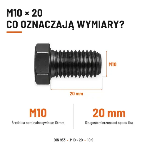 ŚRUBA SZEŚCIOKĄTNA DIN 933 M10X20 KLASA 10.9 BEZ POKRYCIA