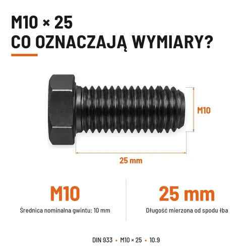 ŚRUBA SZEŚCIOKĄTNA DIN 933 M10X25 KLASA 10.9 BEZ POKRYCIA