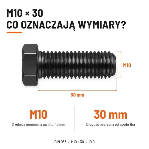 ŚRUBA SZEŚCIOKĄTNA DIN 933 M10X30 KLASA 10.9 BEZ POKRYCIA