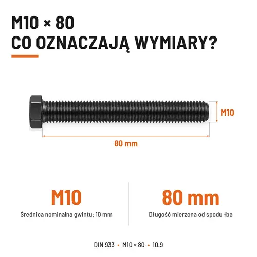 Śruba sześciokątna DIN 933 M10x80 pełny gwint 10.9 czarna