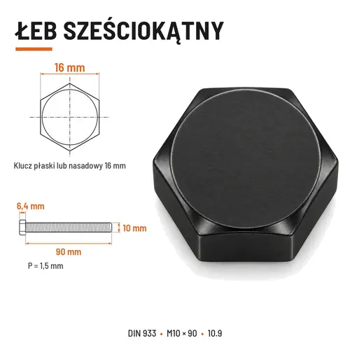 ŚRUBA SZEŚCIOKĄTNA DIN 933 M10X90 KLASA 10.9 BEZ POKRYCIA