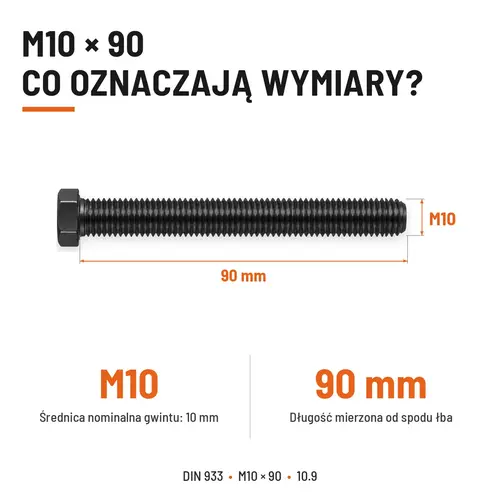 ŚRUBA SZEŚCIOKĄTNA DIN 933 M10X90 KLASA 10.9 BEZ POKRYCIA