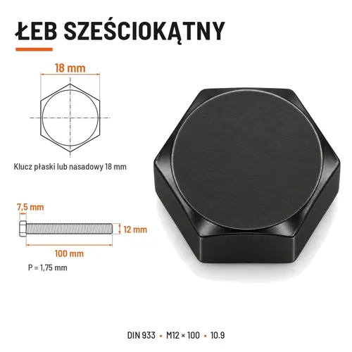 ŚRUBA SZEŚCIOKĄTNA DIN 933 M12X100 KLASA 10.9 BEZ POKRYCIA