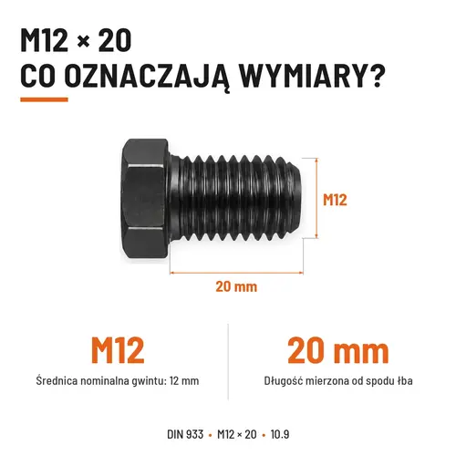 ŚRUBA SZEŚCIOKĄTNA DIN 933 M12X20 KLASA 10.9 BEZ POKRYCIA