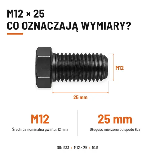 ŚRUBA SZEŚCIOKĄTNA DIN 933 M12X25 KLASA 10.9 BEZ POKRYCIA