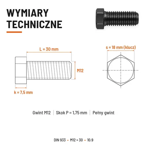 ŚRUBA SZEŚCIOKĄTNA DIN 933 M12X30 KLASA 10.9 BEZ POKRYCIA