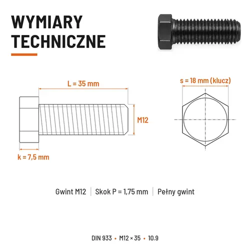 ŚRUBA SZEŚCIOKĄTNA DIN 933 M12X35 KLASA 10.9 BEZ POKRYCIA