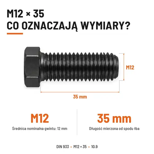 ŚRUBA SZEŚCIOKĄTNA DIN 933 M12X35 KLASA 10.9 BEZ POKRYCIA