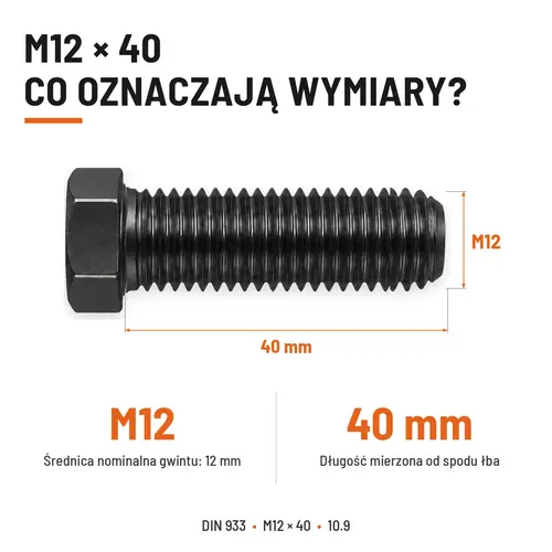 ŚRUBA SZEŚCIOKĄTNA DIN 933 M12X40 KLASA 10.9 BEZ POKRYCIA