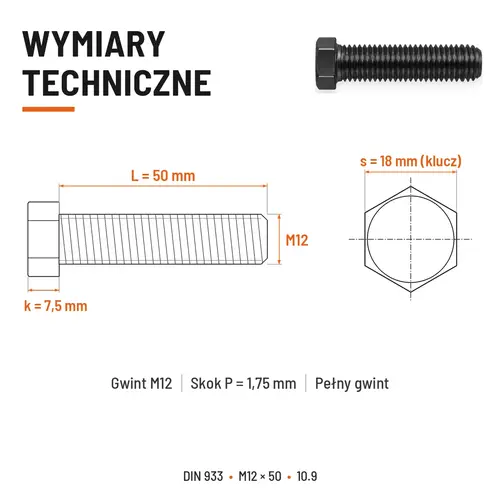Śruba sześciokątna DIN 933 M12x50 pełny gwint 10.9 czarna