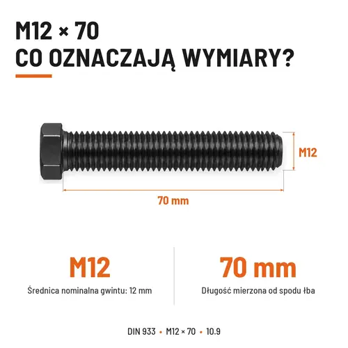 ŚRUBA SZEŚCIOKĄTNA DIN 933 M12X70 KLASA 10.9 BEZ POKRYCIA