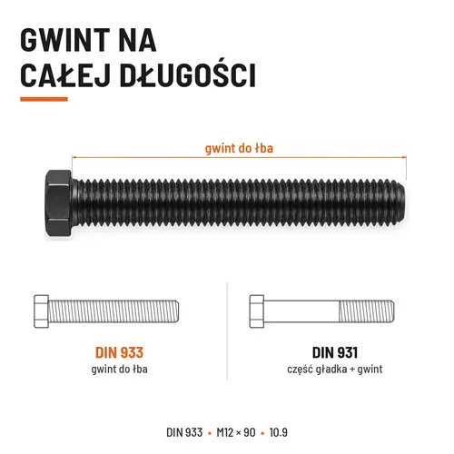 ŚRUBA SZEŚCIOKĄTNA DIN 933 M12X90 KLASA 10.9 BEZ POKRYCIA