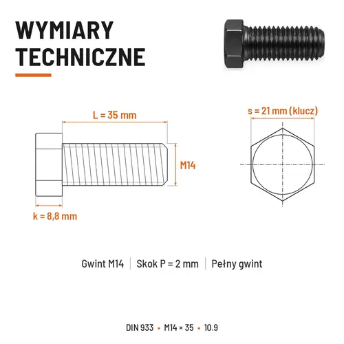 ŚRUBA SZEŚCIOKĄTNA DIN 933 M14X35 KLASA 10.9 BEZ POKRYCIA